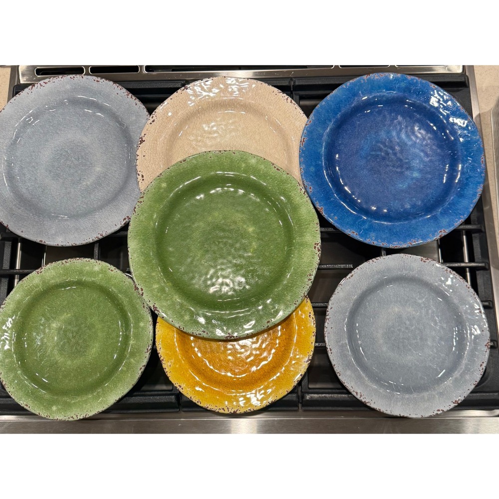Set of 7 Pier 1 Melamine Carmelo salad and dinner plates  Multicolor - as is